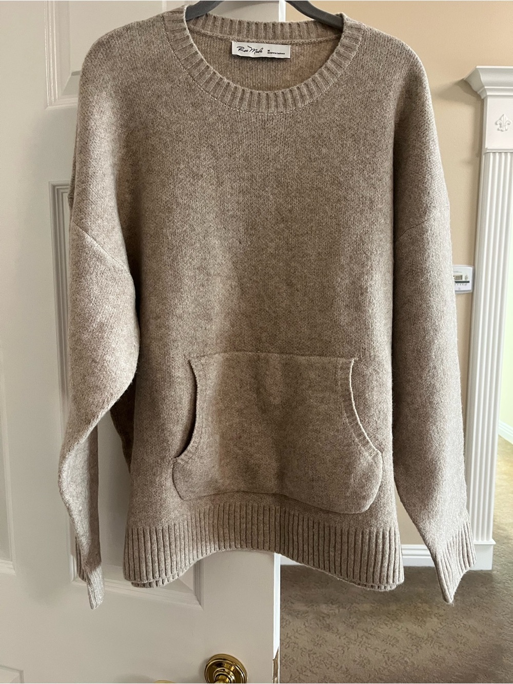 Rae Mode Taupe Crewneck Sweater with Front Pocket